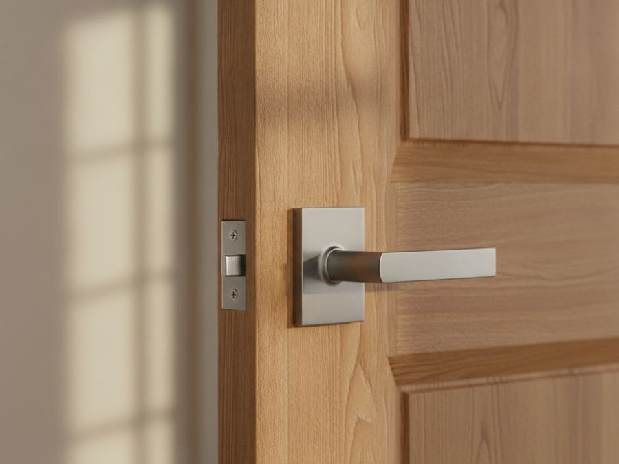 Nahaufnahme einer hellen Holz-Innentür mit gebürstetem Edelstahlgriff, warmes Licht auf der Holzmaserung